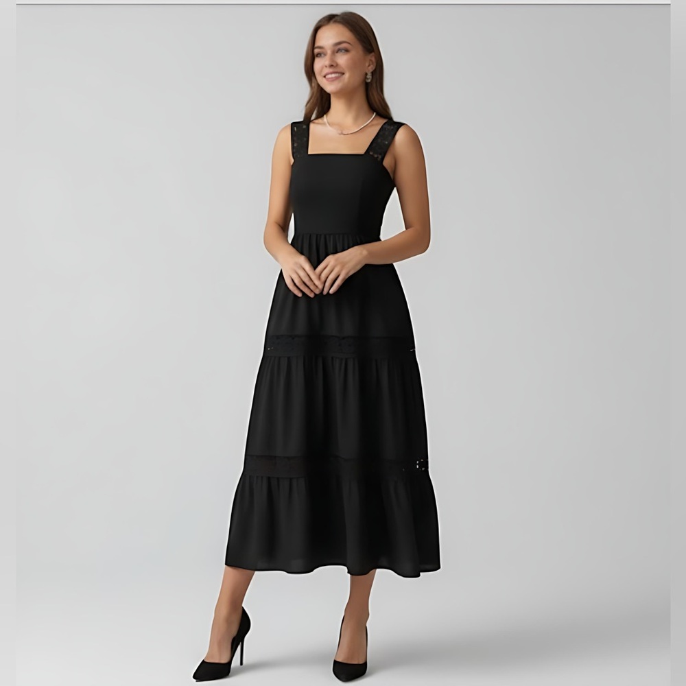 Shirred Lace Insert Dress Black